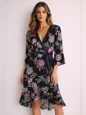 Beata Studio Los Angeles Floral Wrap Dress Size 14 Black Pink Midi Made in USA.